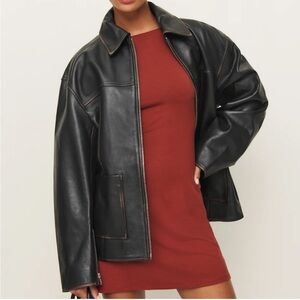 Reformation Veda Bennett Oversized Leather Bomber Black Distressed